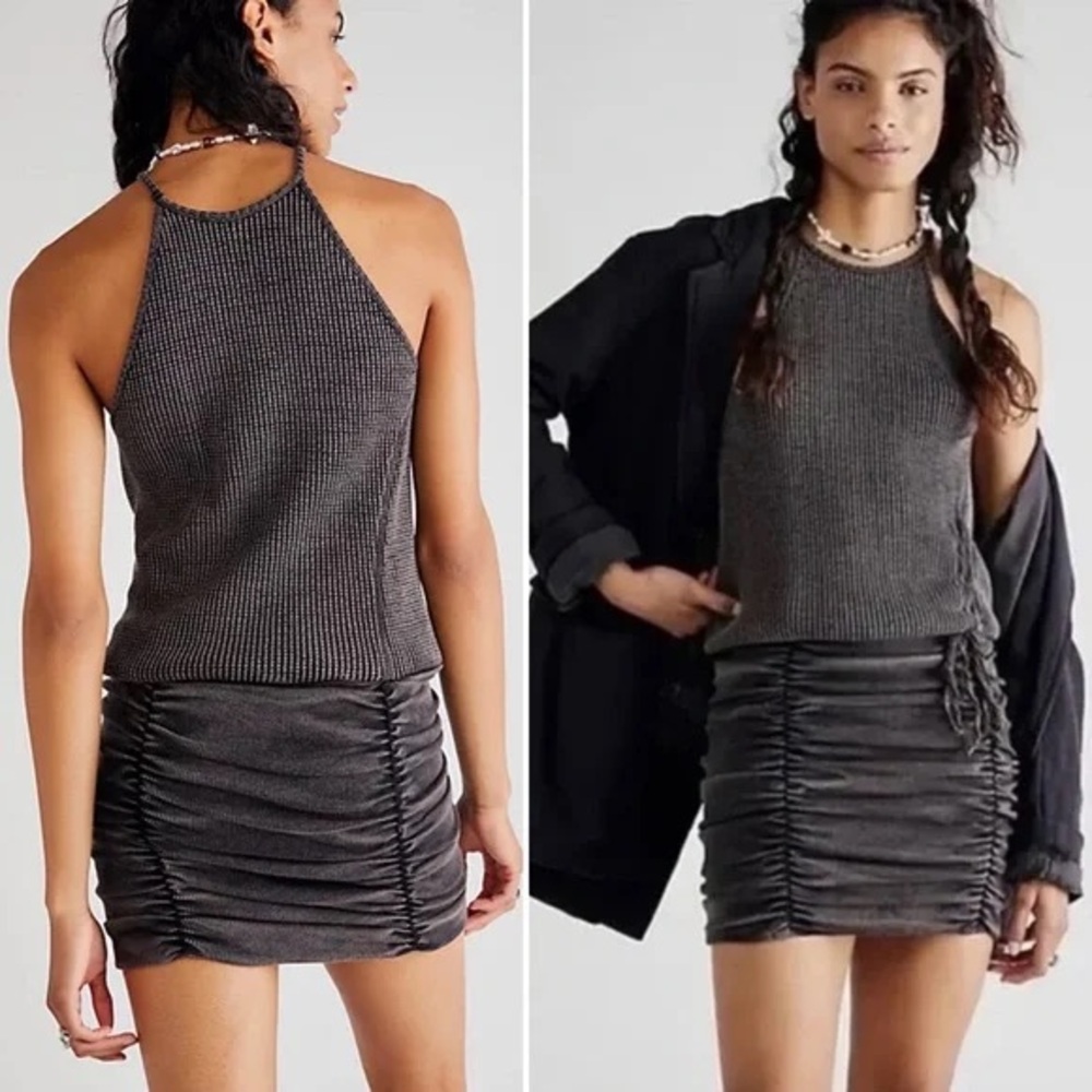 Free People FP One Charcoal Gray Katya Bodycon Ruched Thermal Ribbed M Dress